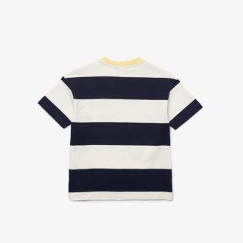 Lacoste Crewneck Rugby Striped Cotton T-shirt - Tričko Dětské Bílé / Tmavě Blankyt Blankyt | CZ-nguT